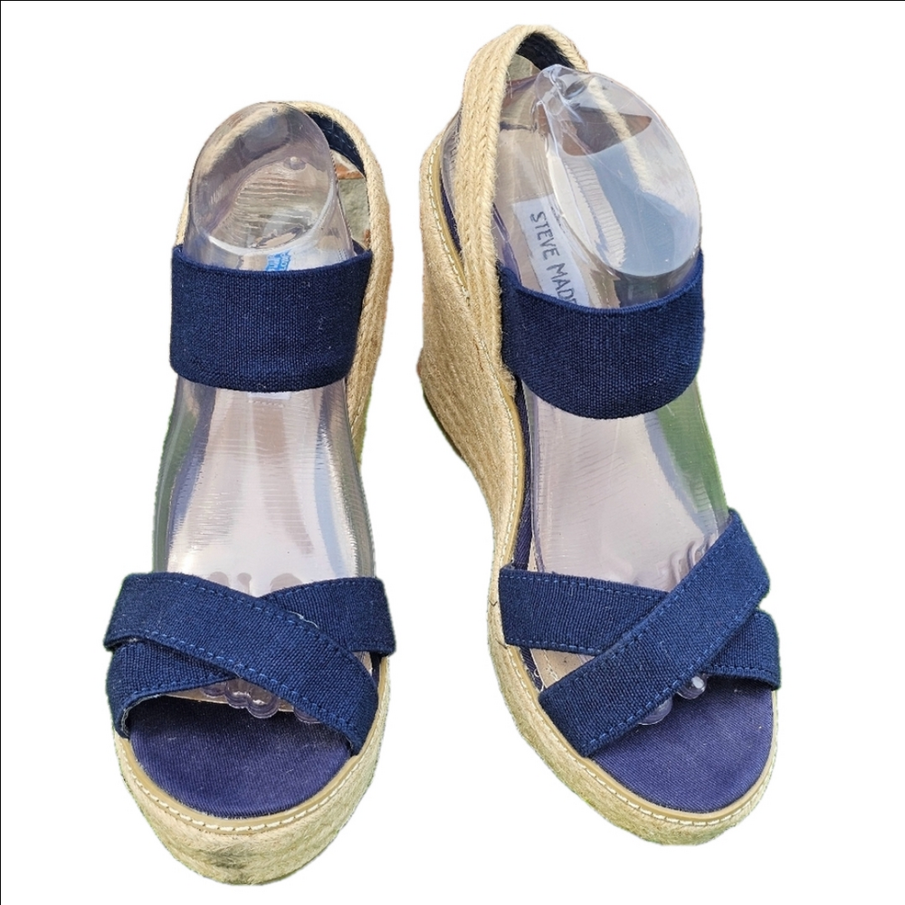 Steve Madden Eira Navy  Criss Cross Wedge Sandals, Women's Size 8